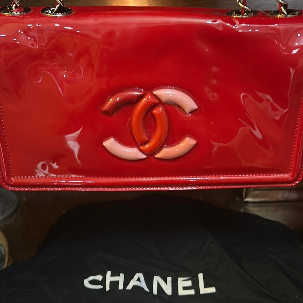 Chanel flap bag with a COLORFUL TWIST! Authentic red patent with multicolor logo